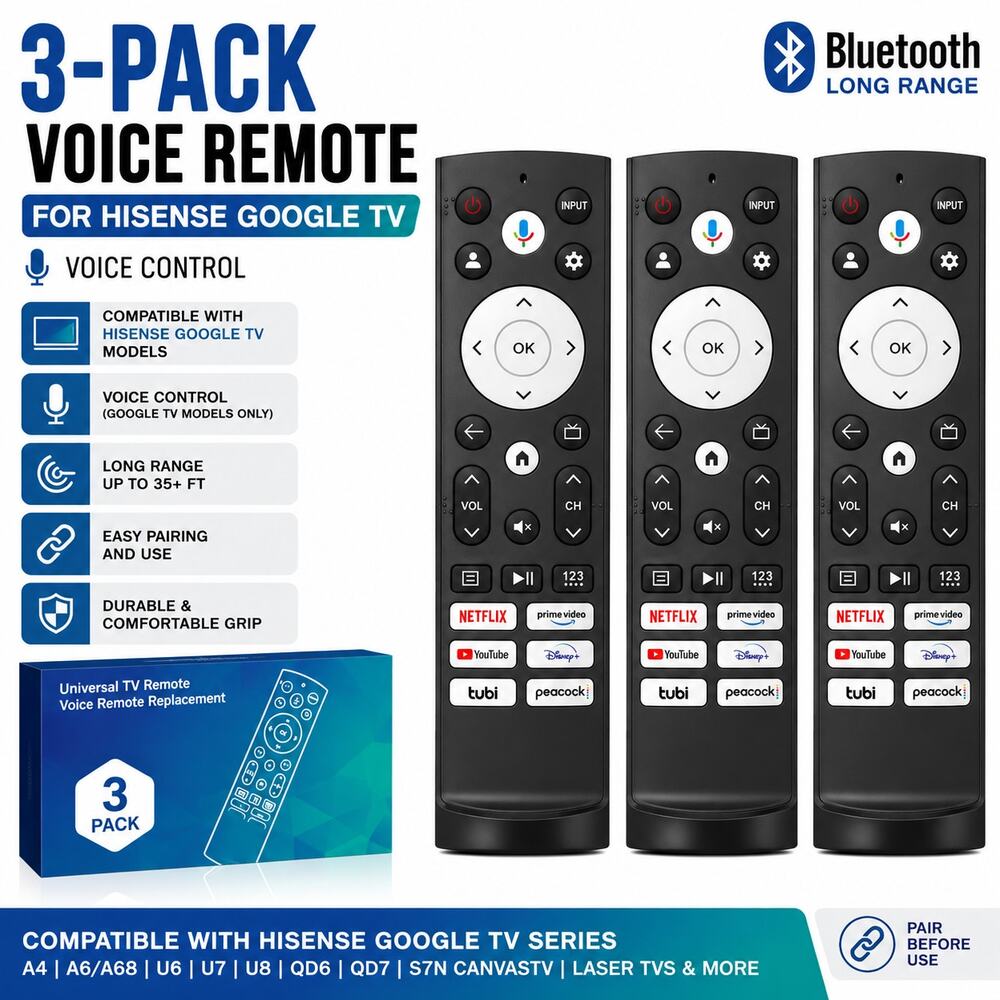 3-Pack Voice Remote for Hisense Google Smart Bluetooth 4K ULED QLED A6 U6 U7 U8